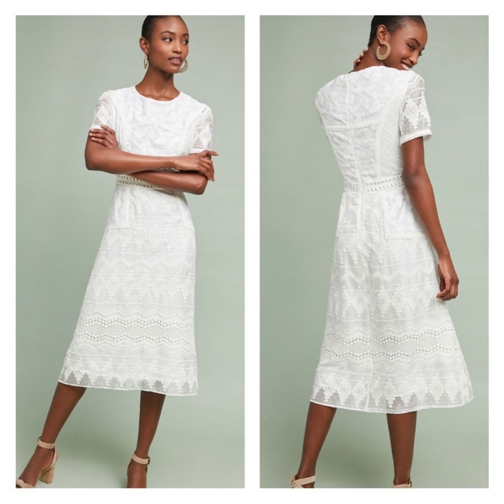 NWOT Anthropologie Eri + Ali Swann Lace Sheath Dress Embroidered White. Size 14.